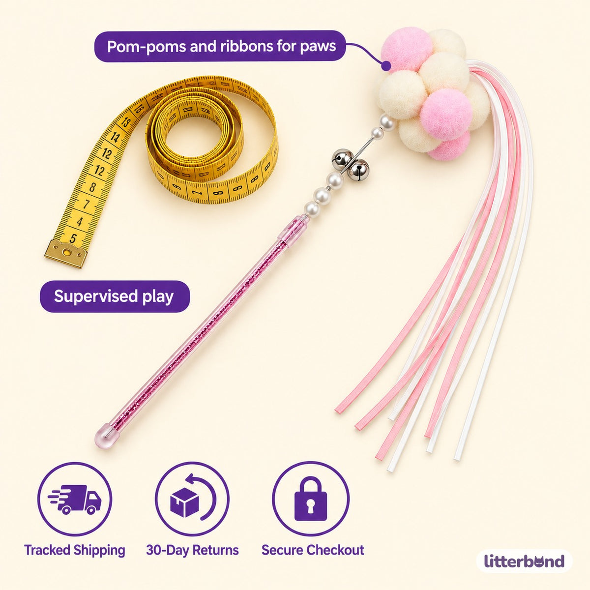 Pastel Pom-Pom Teaser Wand for Chasing - size and details