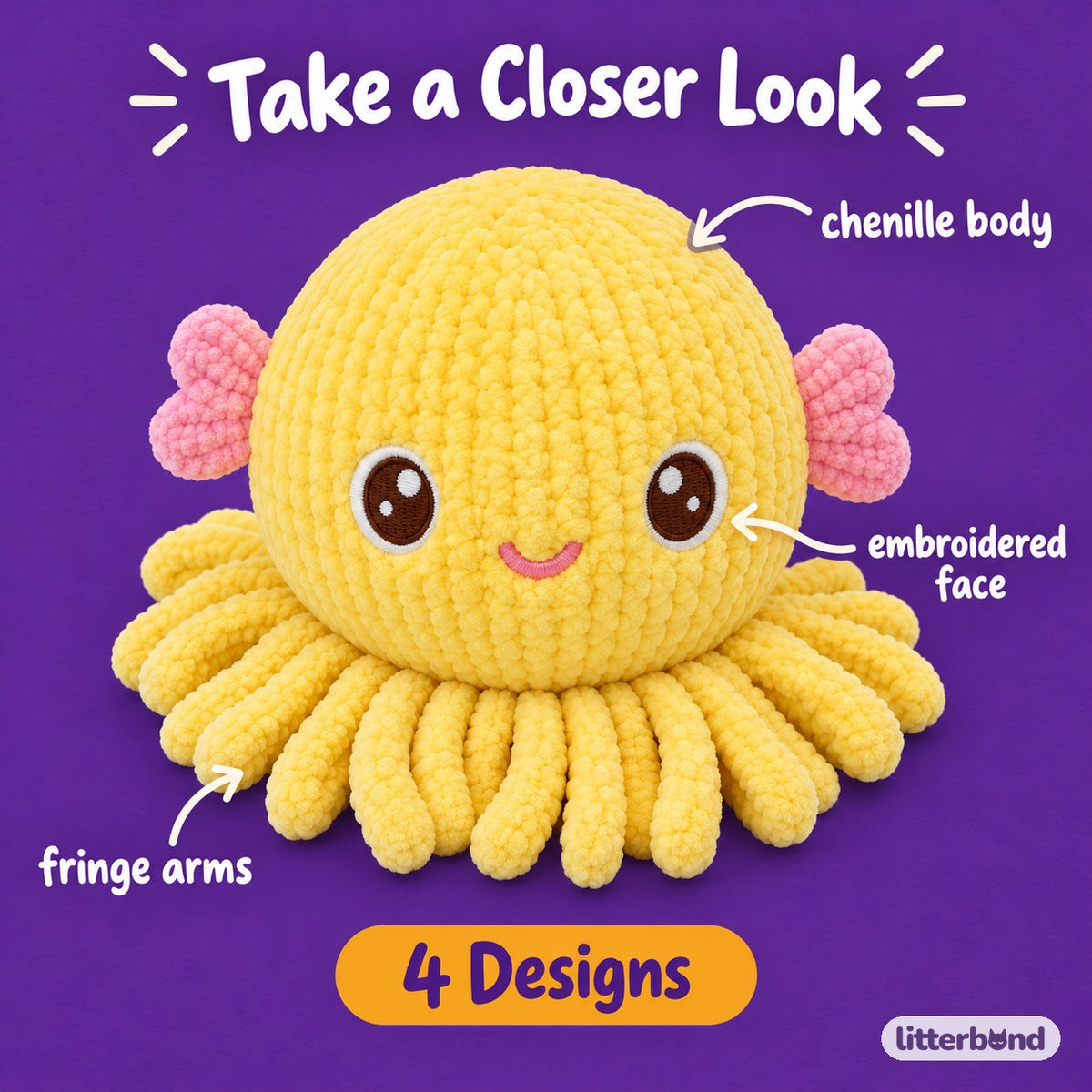 Chenille Octopus Plush Toy for Batting & Hugging - close-up details