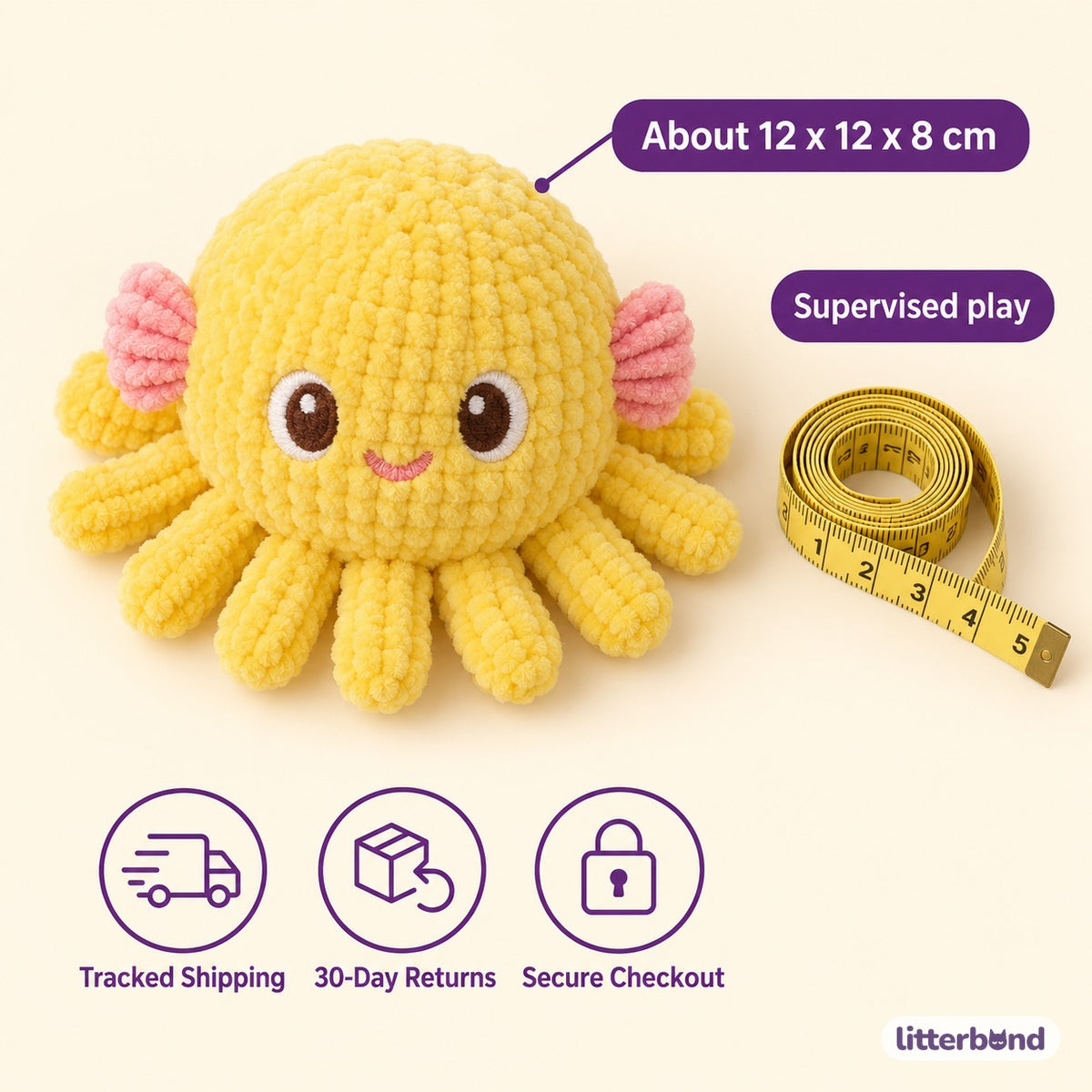 Chenille Octopus Plush Toy for Batting & Hugging - size and details