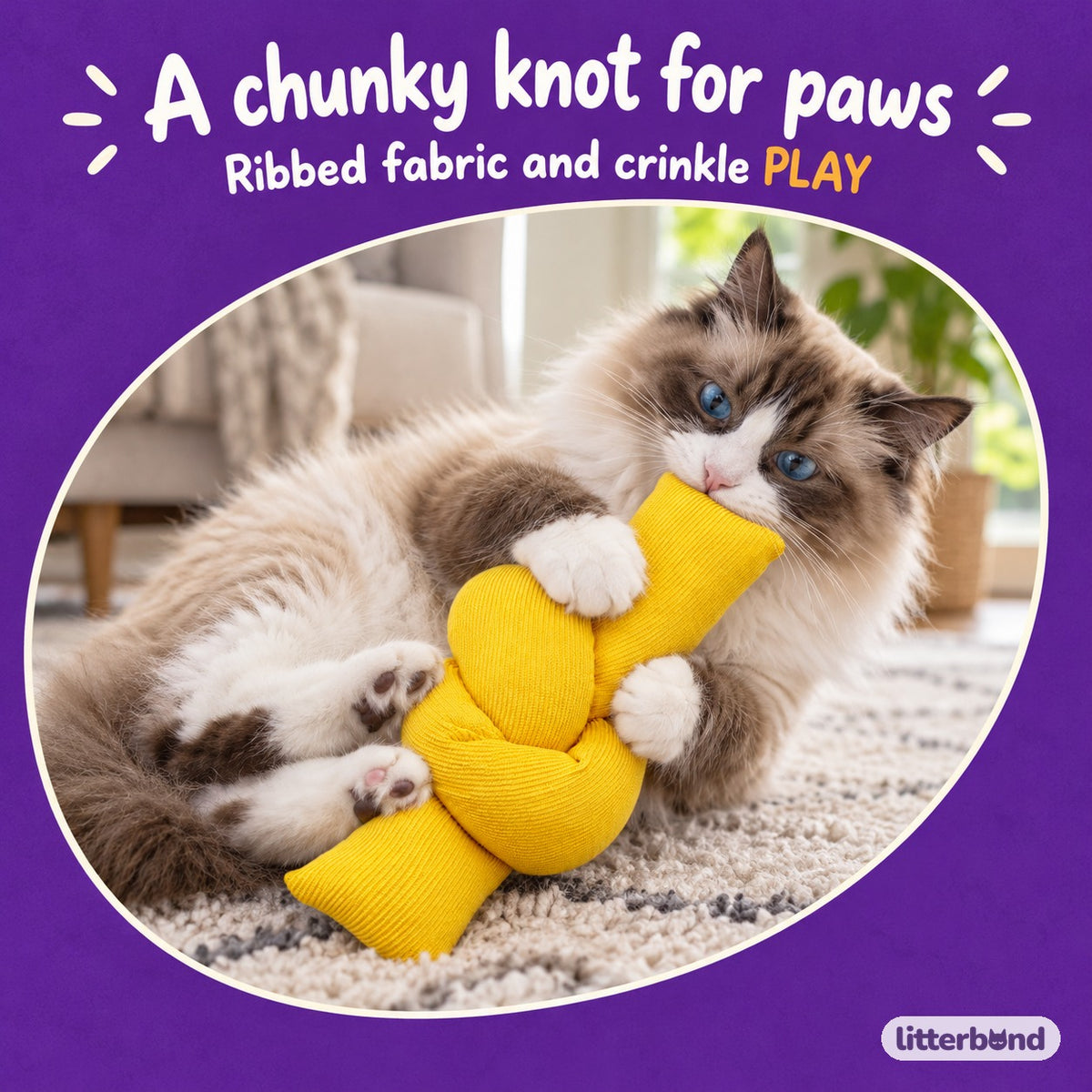 Knotted Crinkle Kicker Pillow with a cat