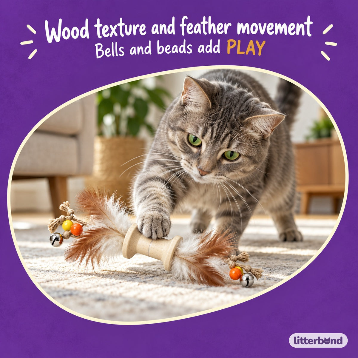 Wooden Feather Batting Toy with a cat