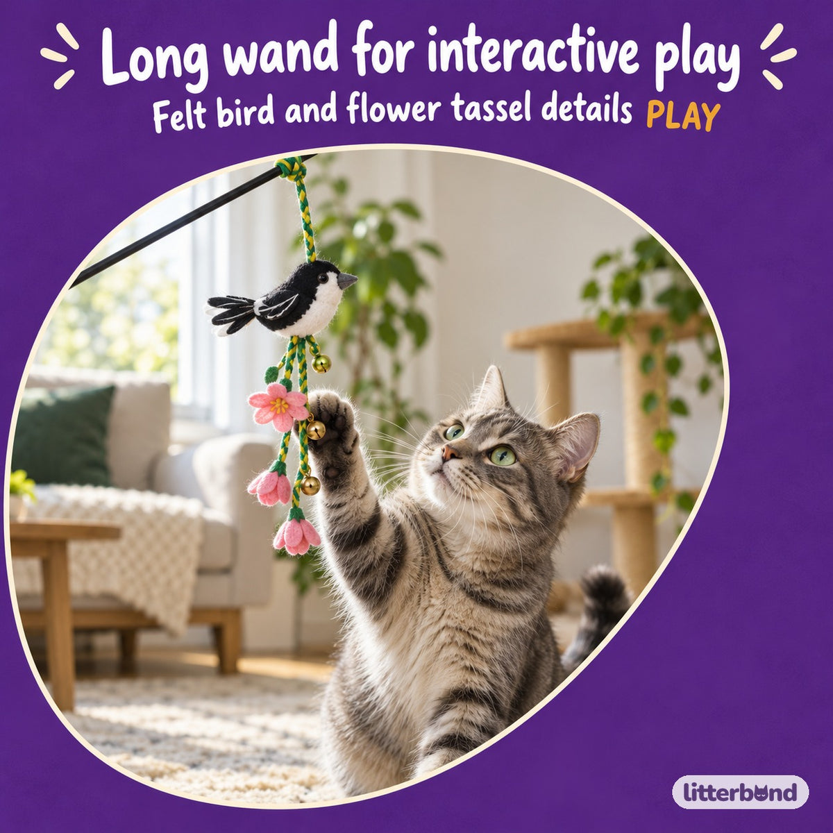 Felt Bird Flower Play Wand with a cat