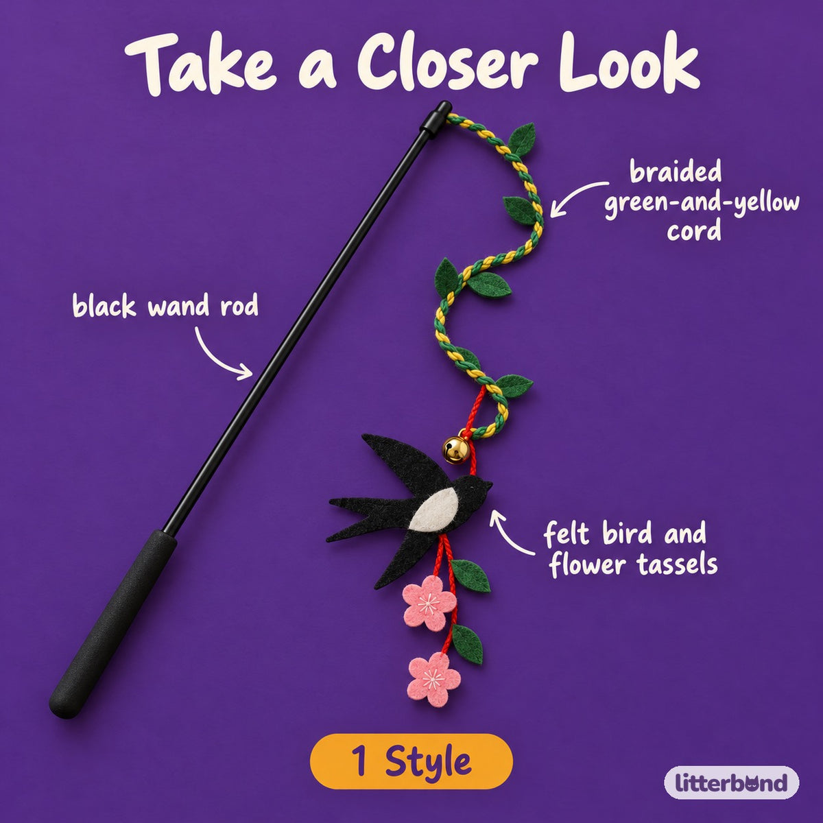 Felt Bird Flower Play Wand - close-up details