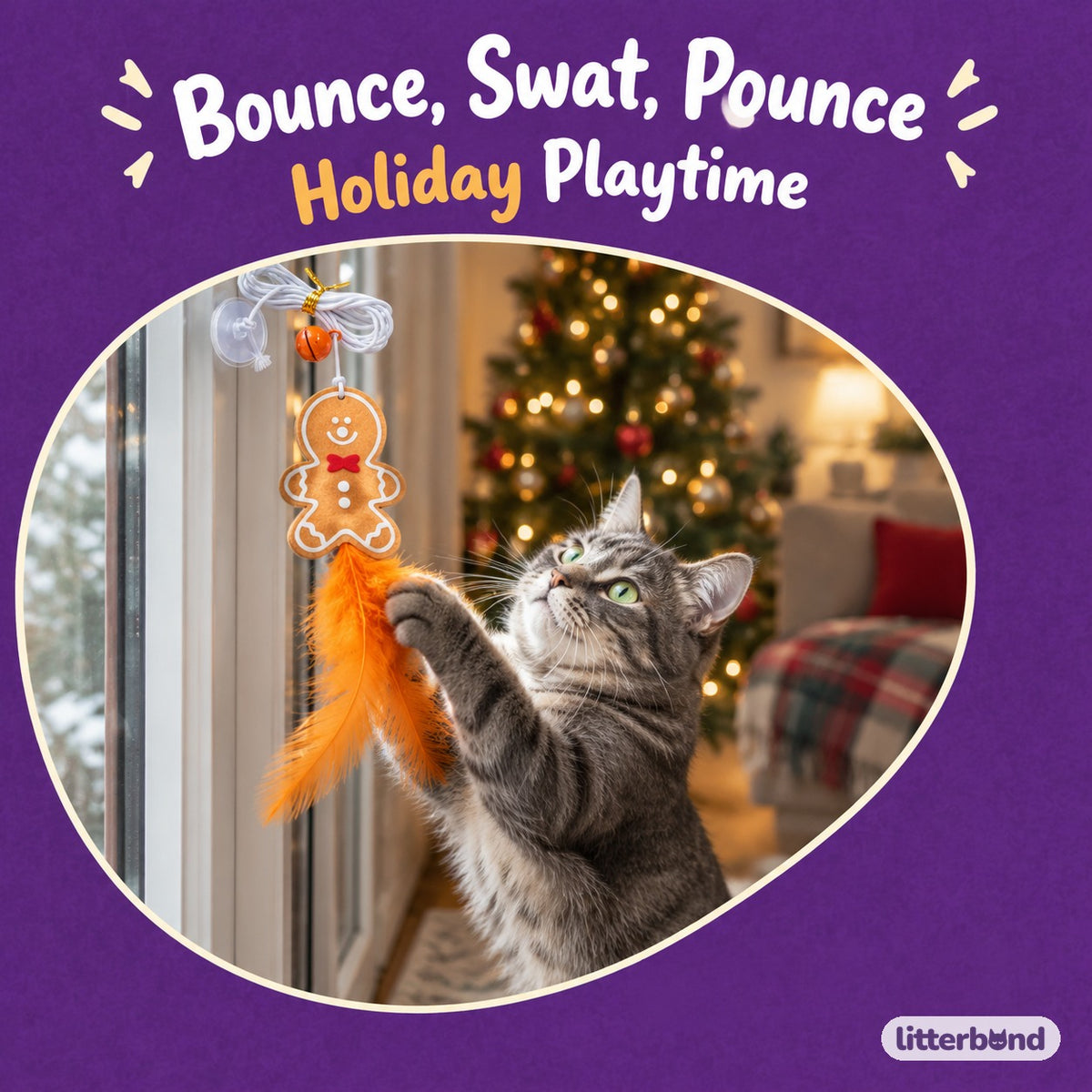 Gingerbread Feather Door Toy on a cat