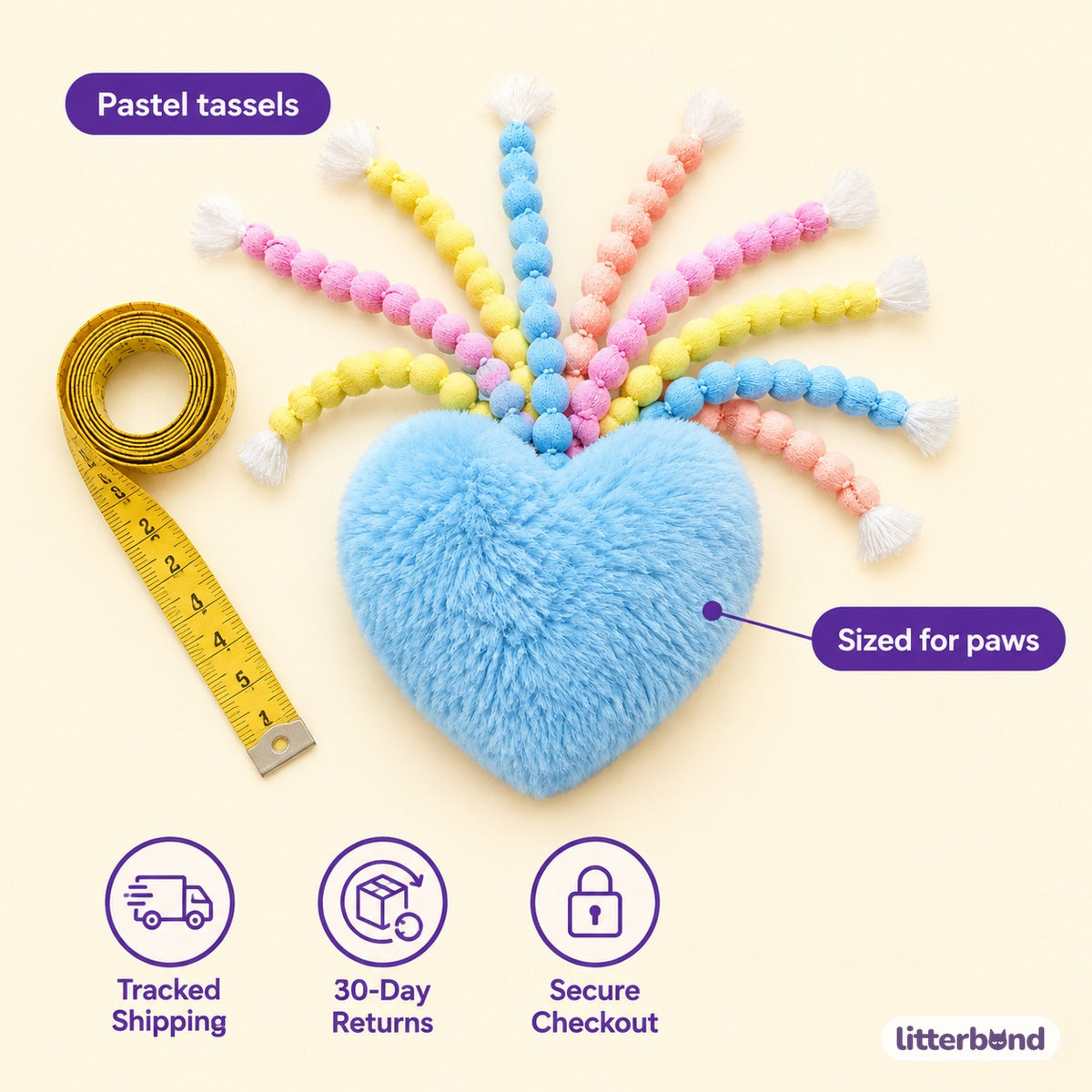 Pastel Puff Tassel Hearts - size and details