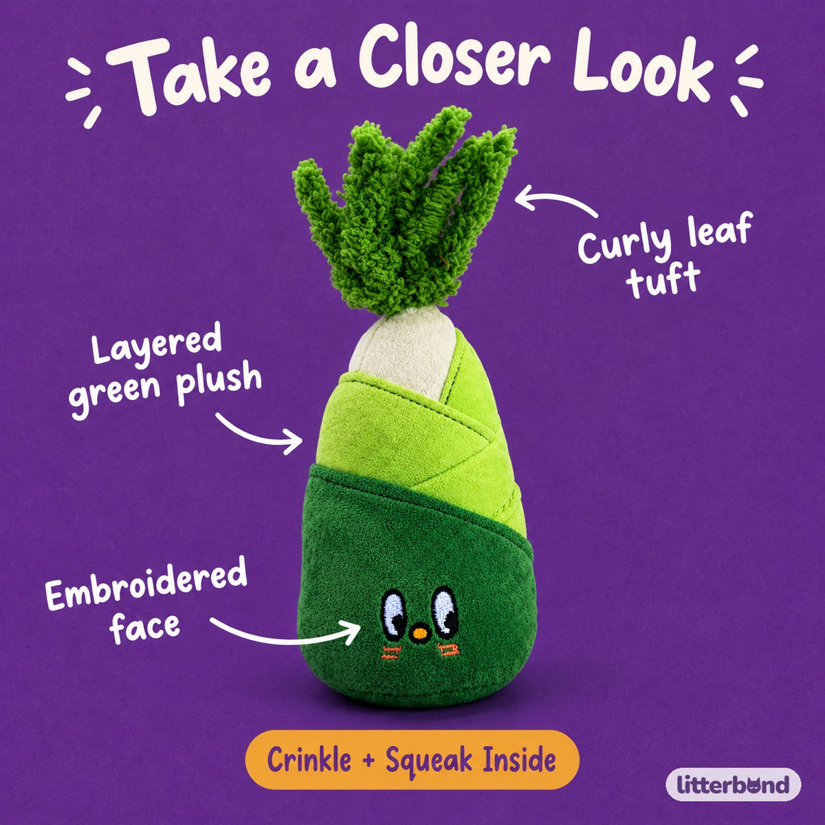 Squeaky Crinkle Bamboo Plush - close-up details