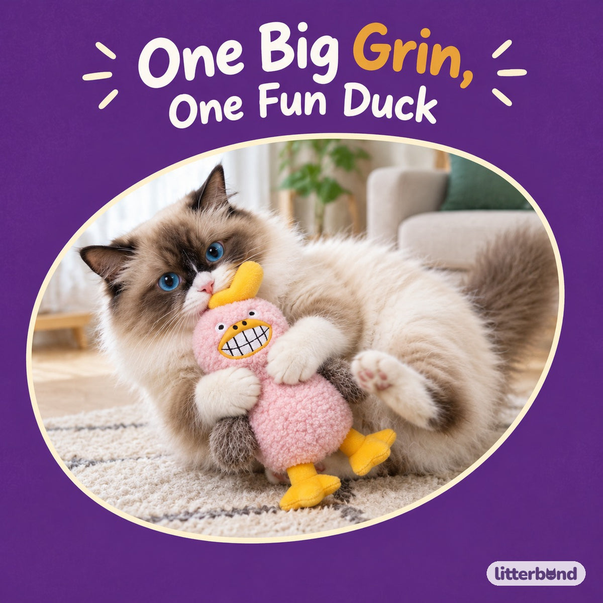 Curly Pink Grin Duck with a cat