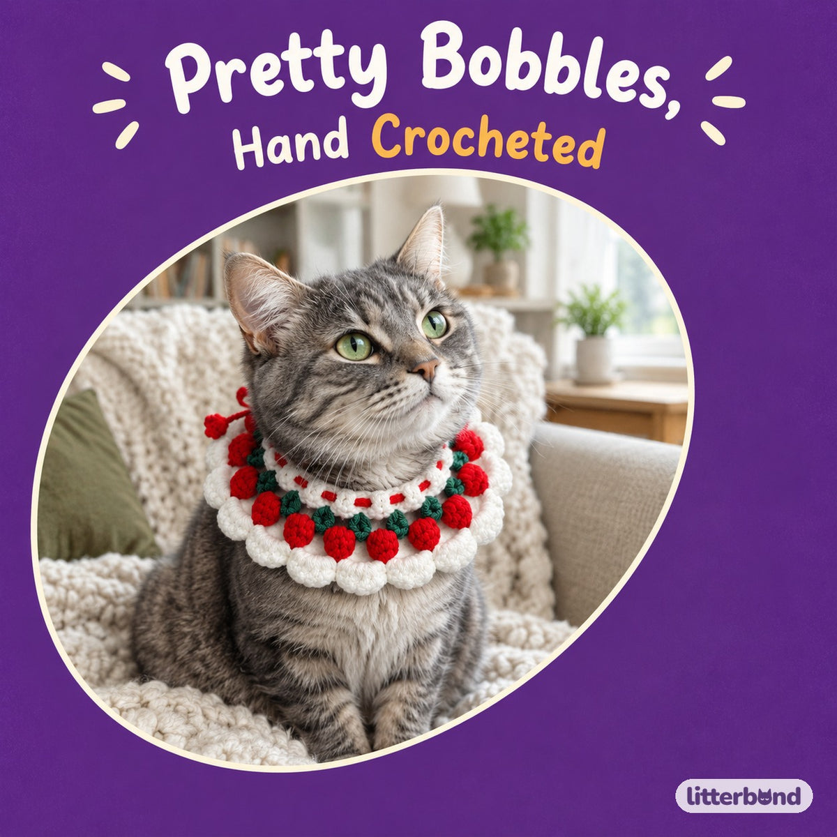Round Bobble Ring Crochet Collar on a cat