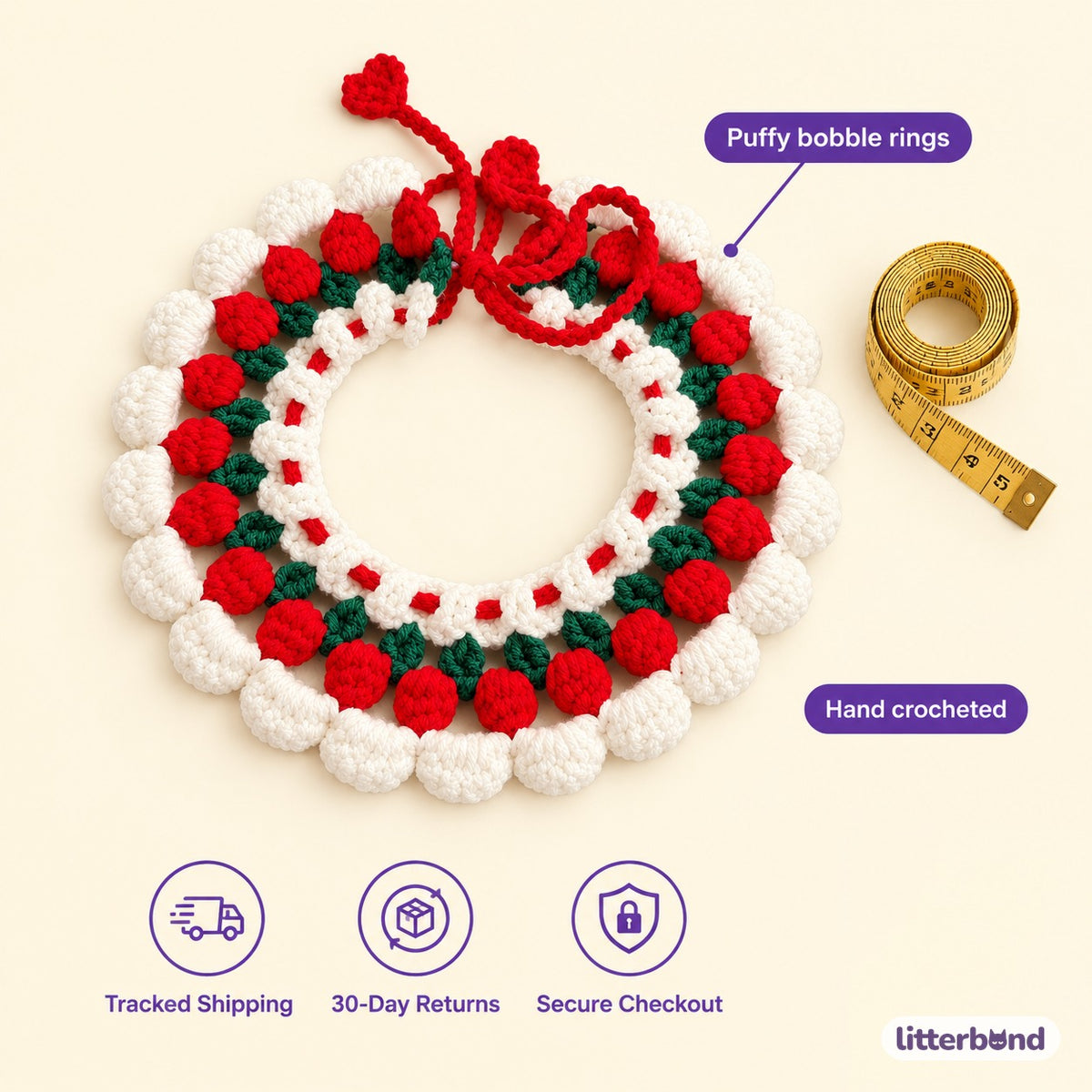 Round Bobble Ring Crochet Collar - size and details
