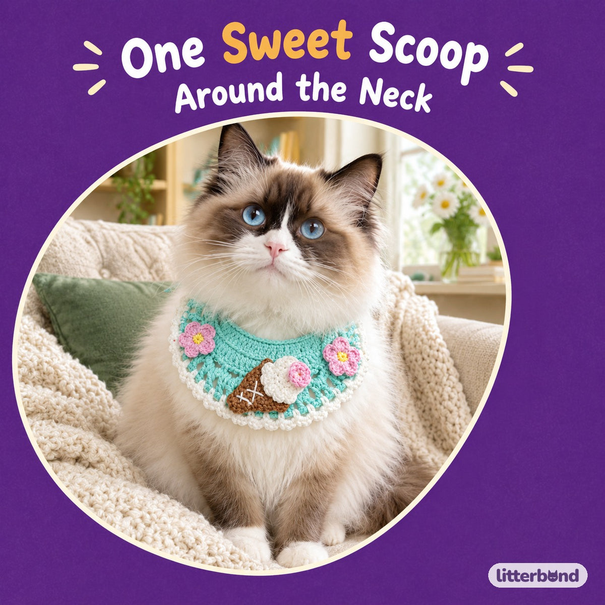 Ice Cream Cone Crochet Bib on a cat