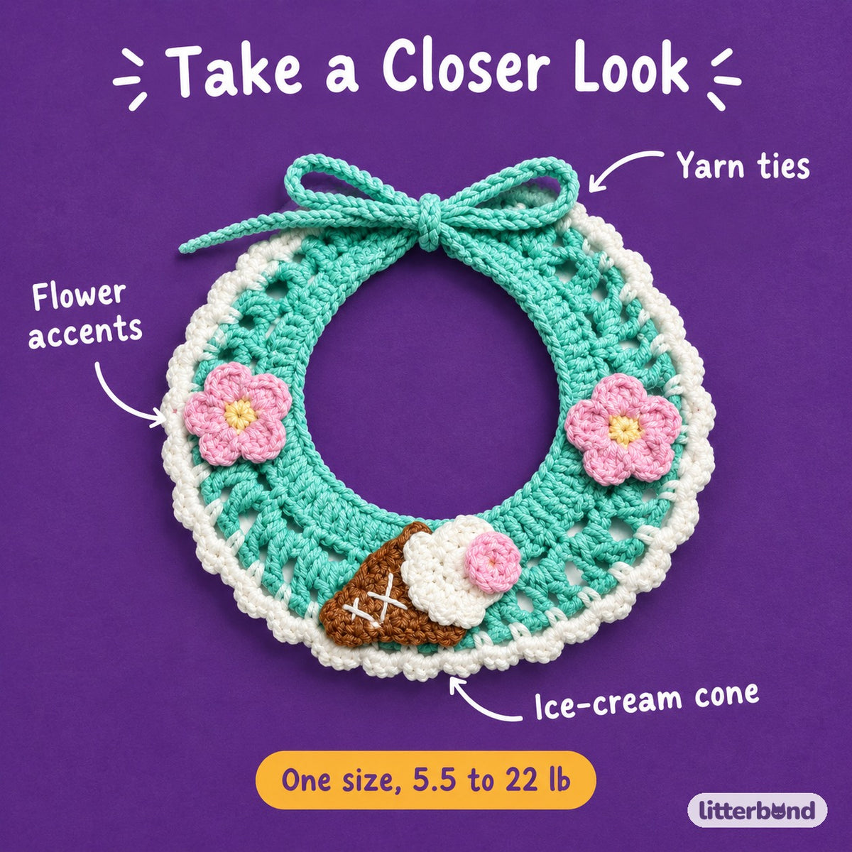 Ice Cream Cone Crochet Bib - close-up details