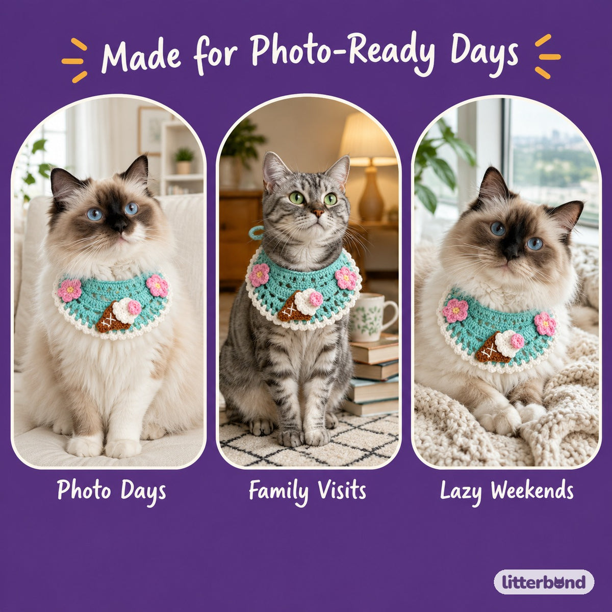 Ice Cream Cone Crochet Bib on a cat at home