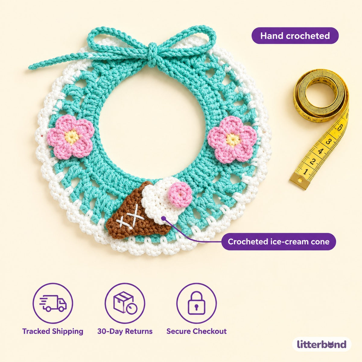 Ice Cream Cone Crochet Bib - size and details