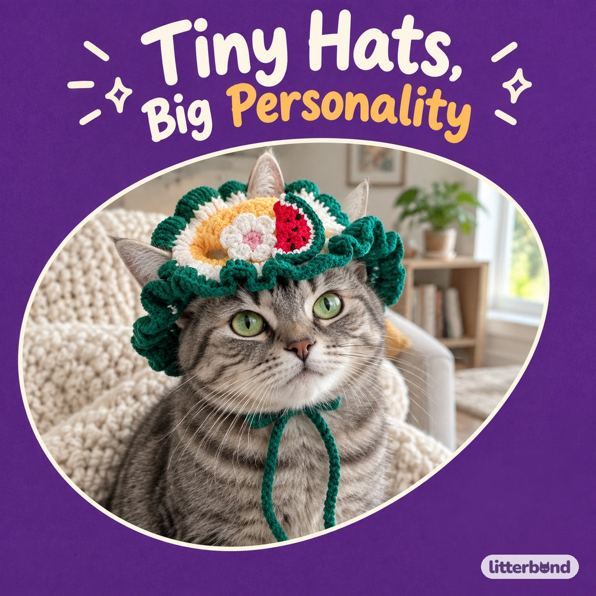 Fruit & Friends Ruffle Hat on a cat