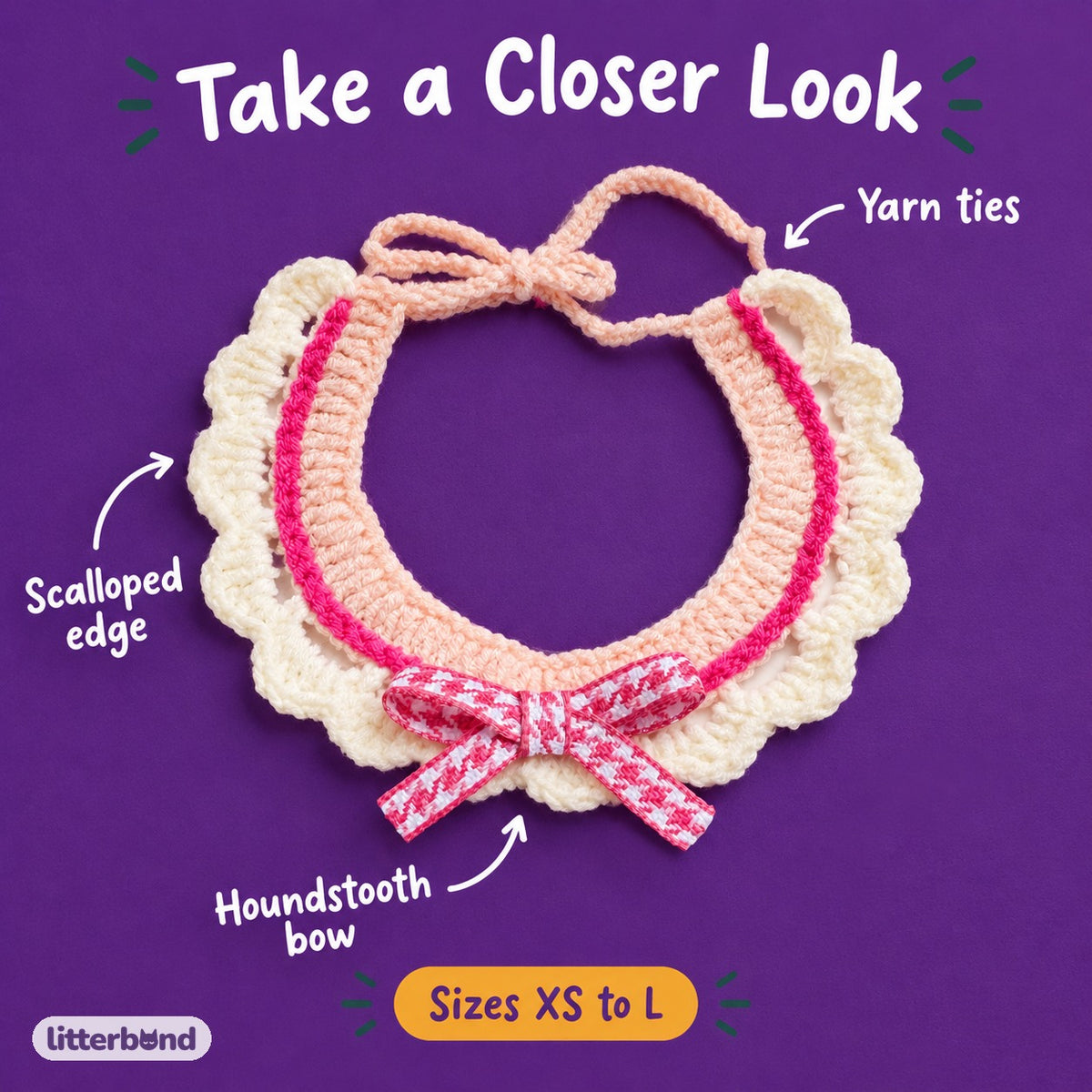 Cream Ruffle Ribbon Bow Collar - close-up details