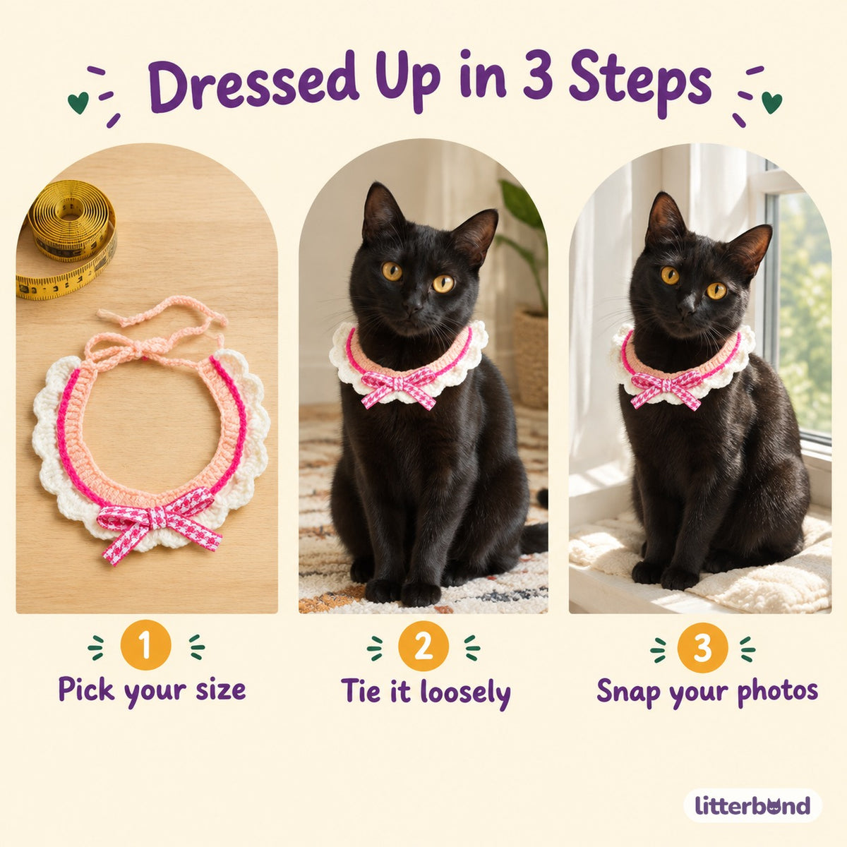 Cream Ruffle Ribbon Bow Collar - how to put it on