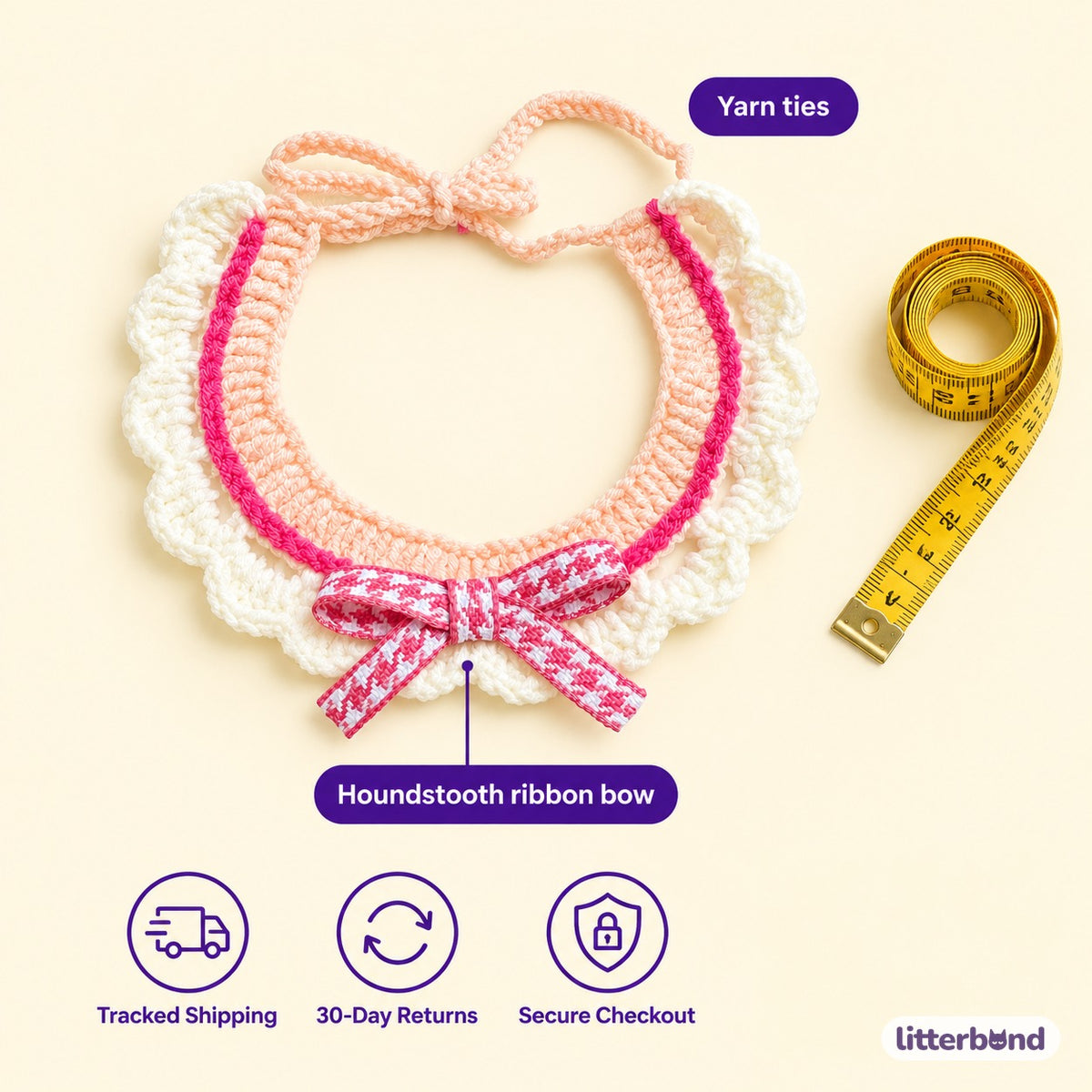 Cream Ruffle Ribbon Bow Collar - size and details