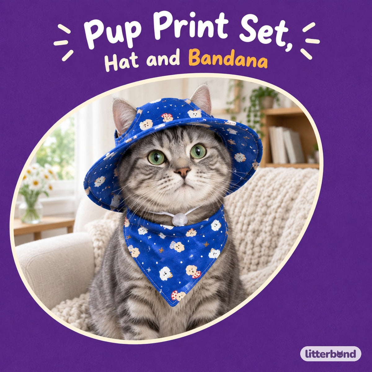 Pup Print Hat & Bandana Set on a cat