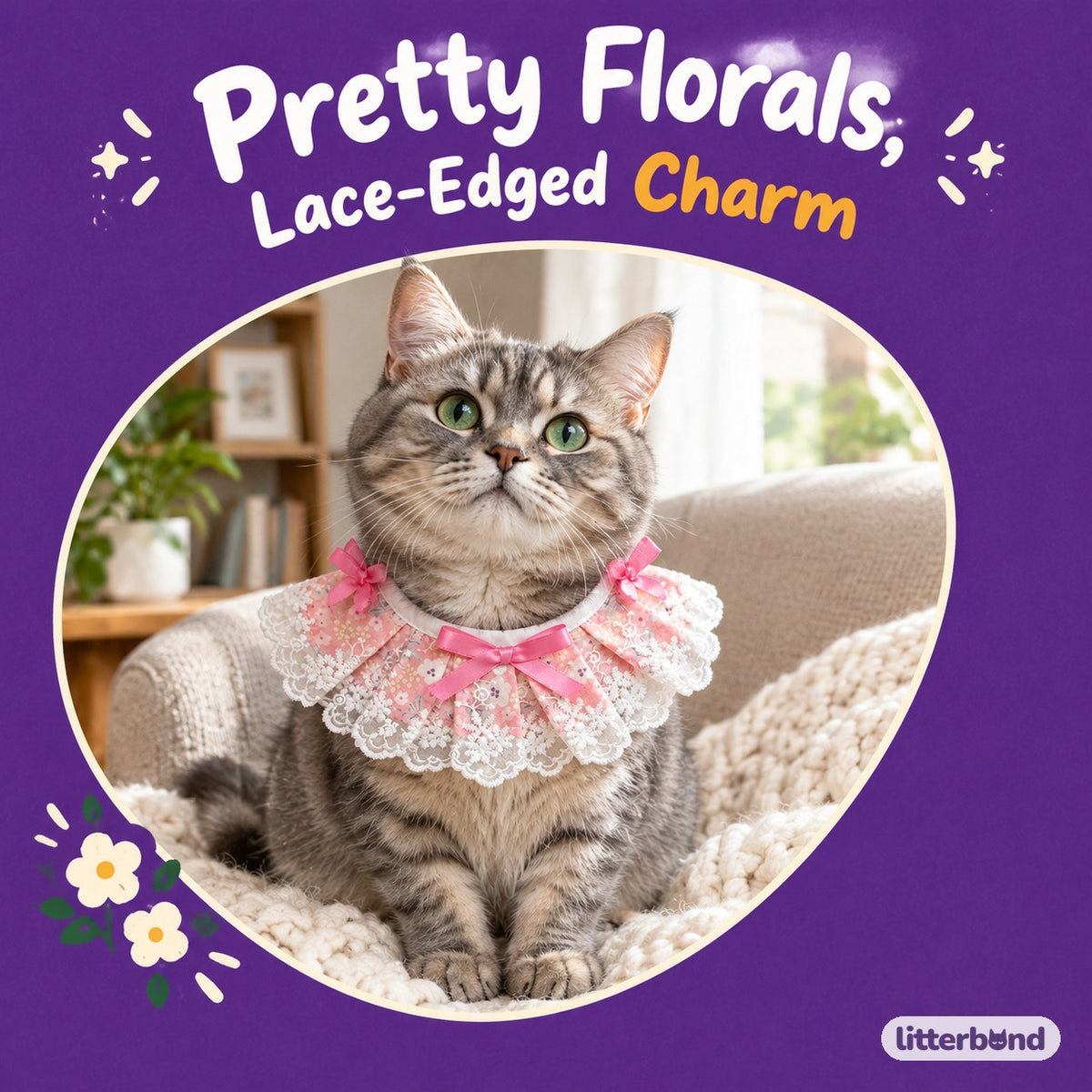 Floral Lace Edge Bib on a cat