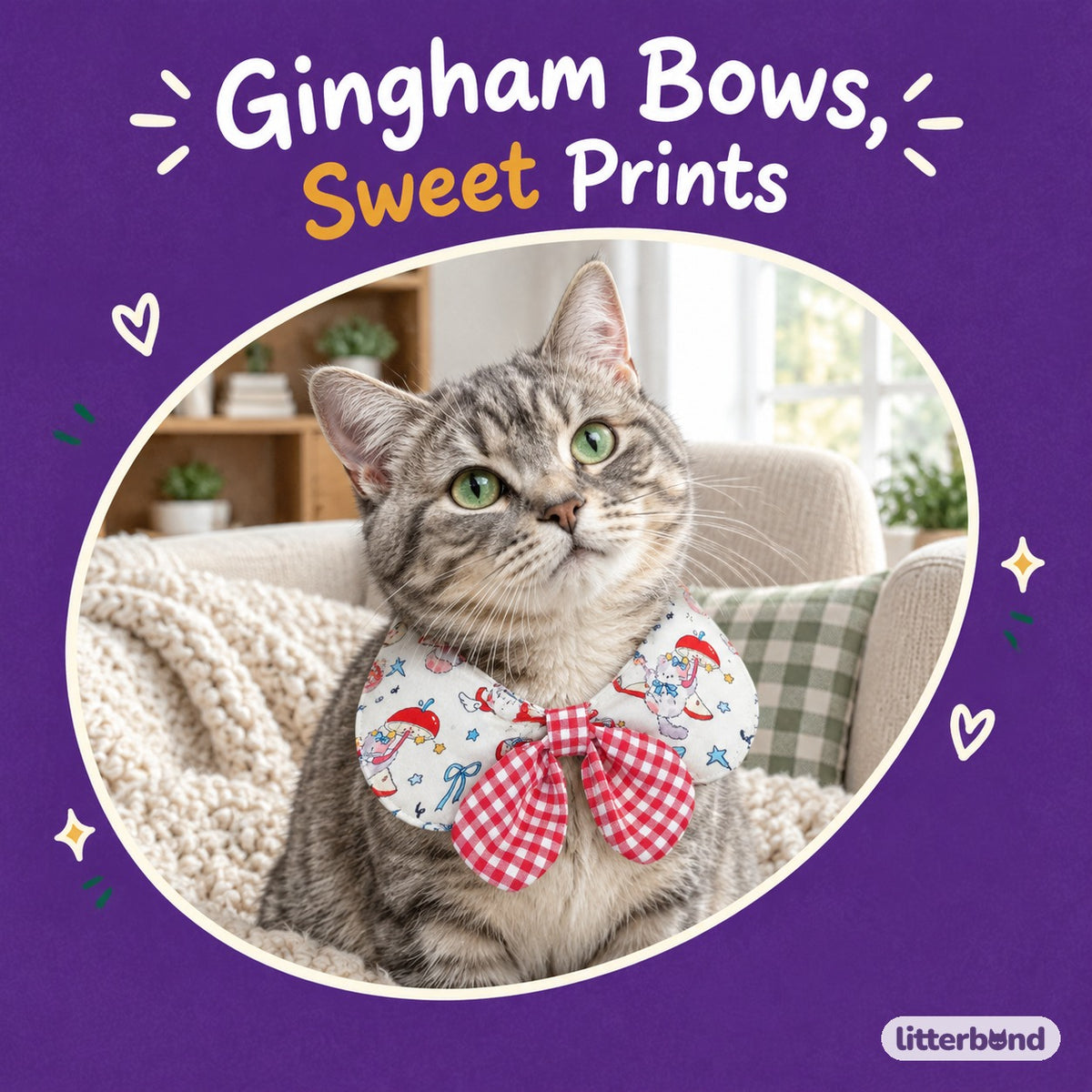 Printed Gingham Bow Bib on a cat
