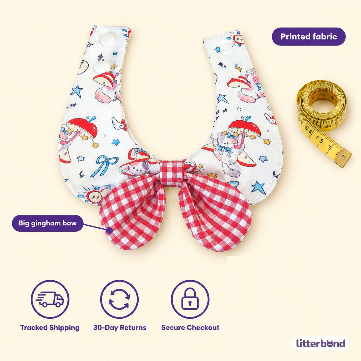 Printed Gingham Bow Bib - size and details