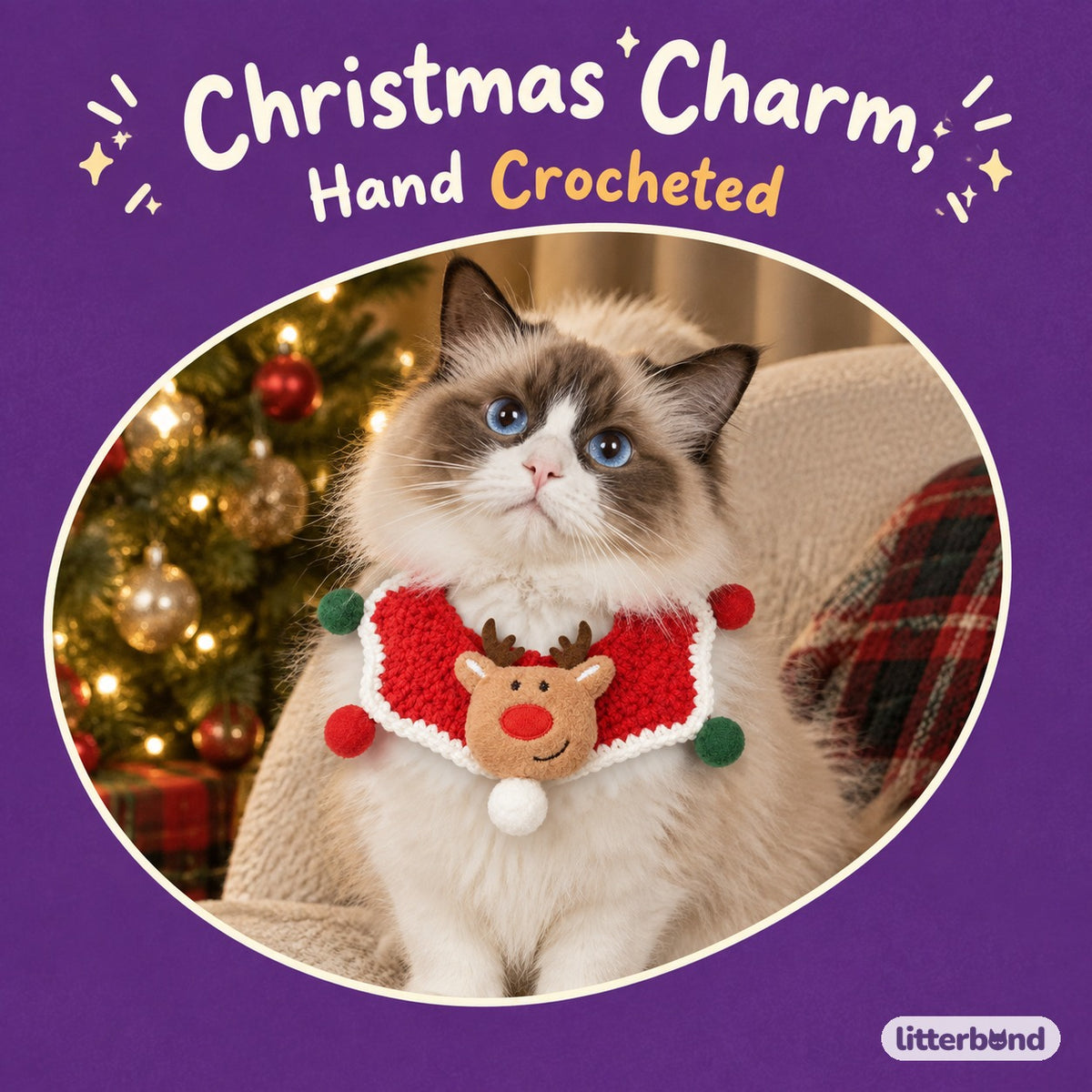 Christmas Crochet Charm Collar on a cat