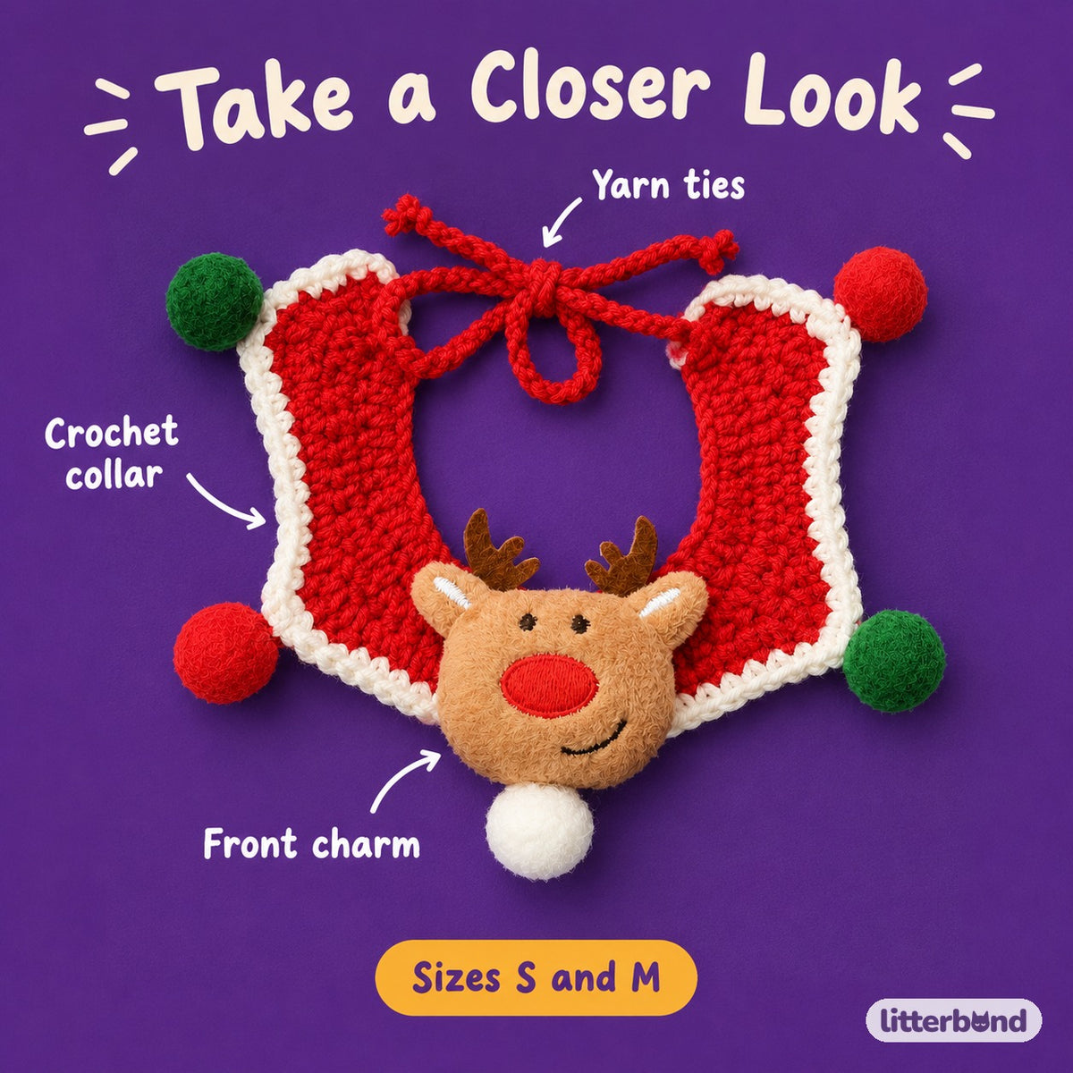 Christmas Crochet Charm Collar - close-up details