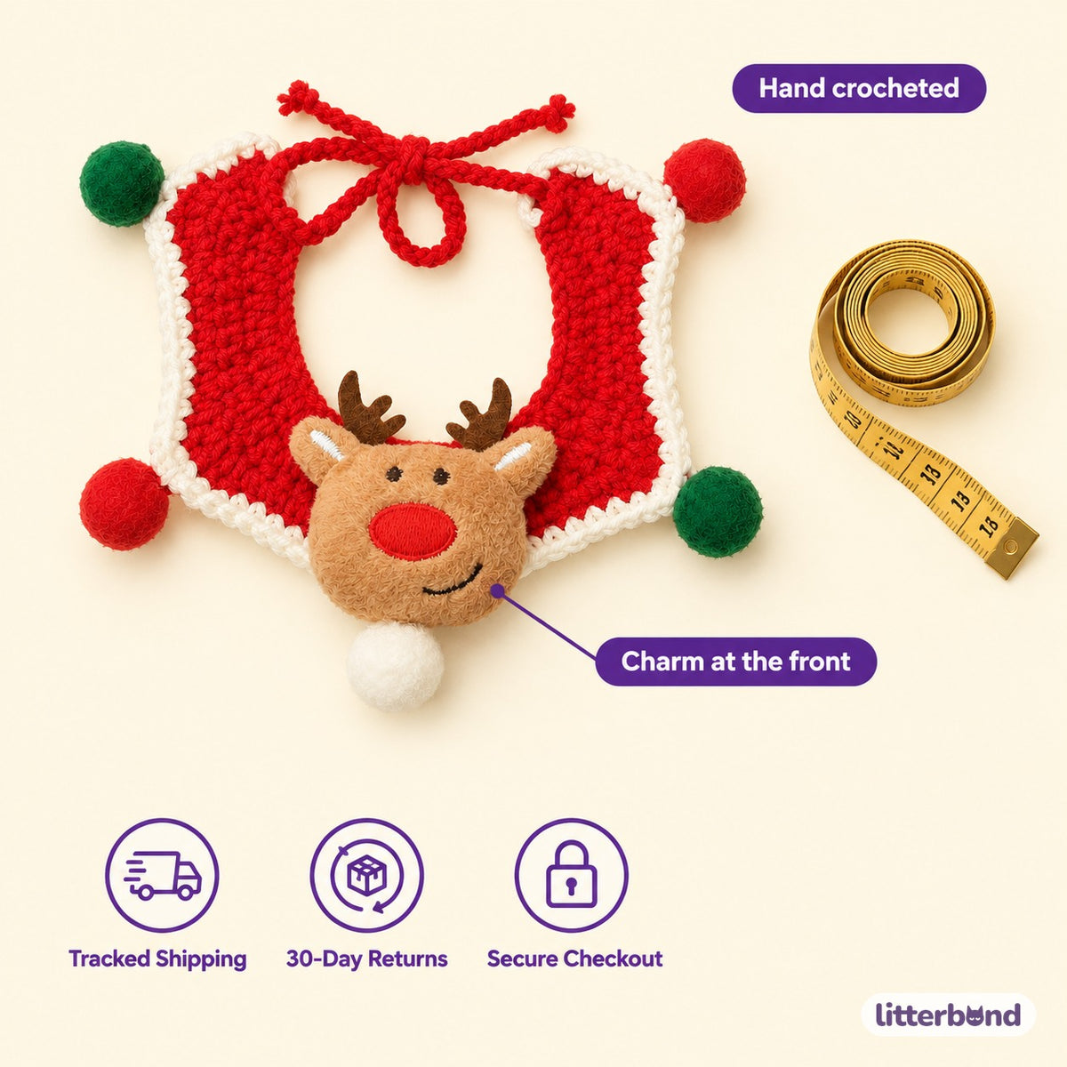 Christmas Crochet Charm Collar - size and details