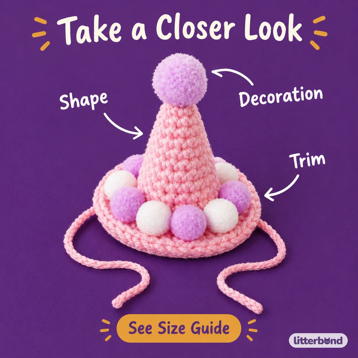 Pom-Pom Ring Crochet Party Hat - close-up details