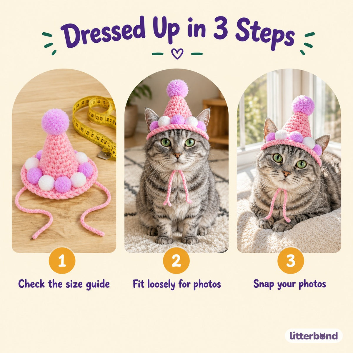 Pom-Pom Ring Crochet Party Hat - how to put it on