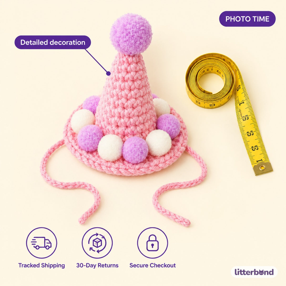 Pom-Pom Ring Crochet Party Hat - size and details