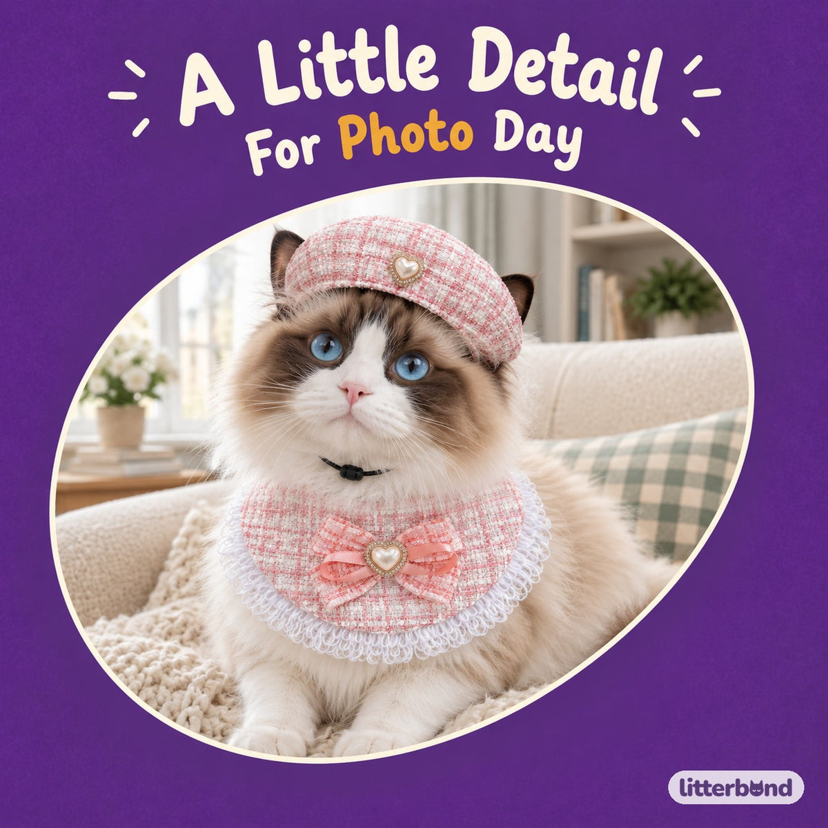 Tweed Fringe Hat & Bib Options on a cat