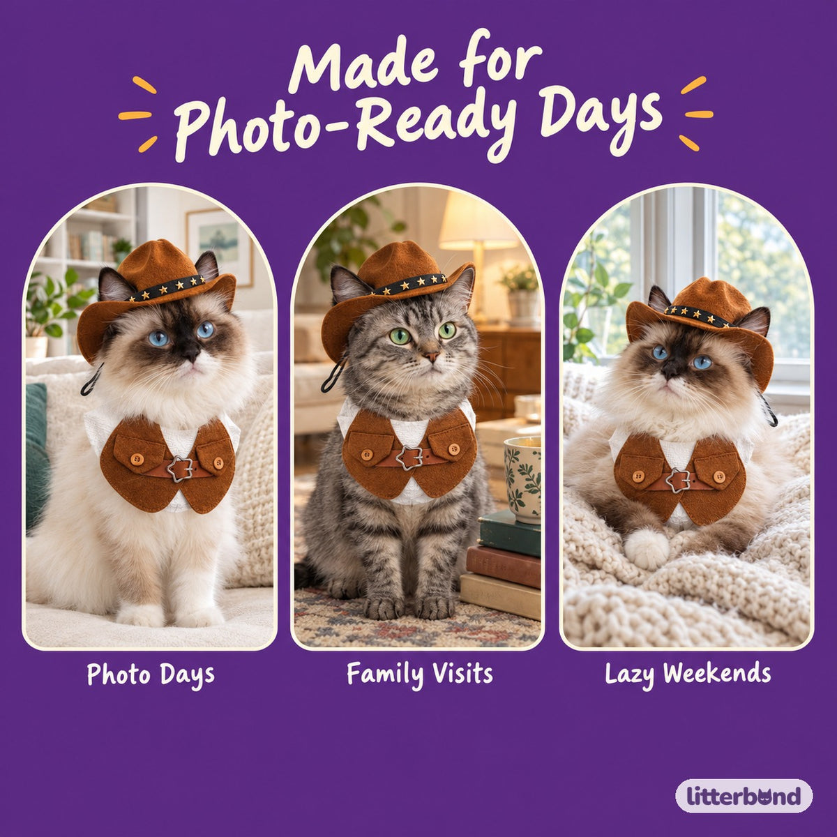 Western Hat & Collar Options on a cat at home