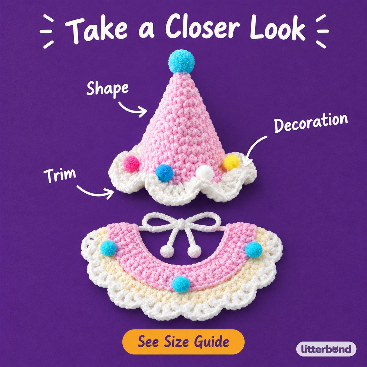 Crochet Party Hat & Collar Options - close-up details