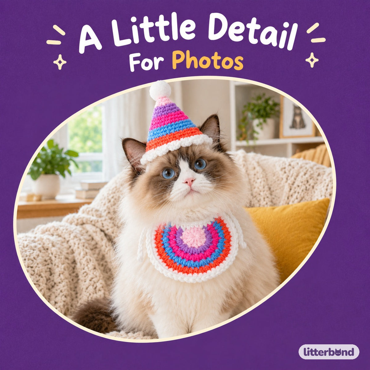 Striped Crochet Hat & Bib Options on a cat