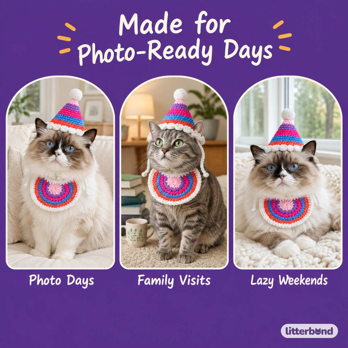 Striped Crochet Hat & Bib Options on a cat at home