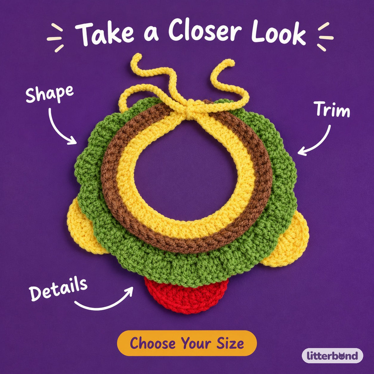 Crochet Burger Hat & Collar Options - close-up details