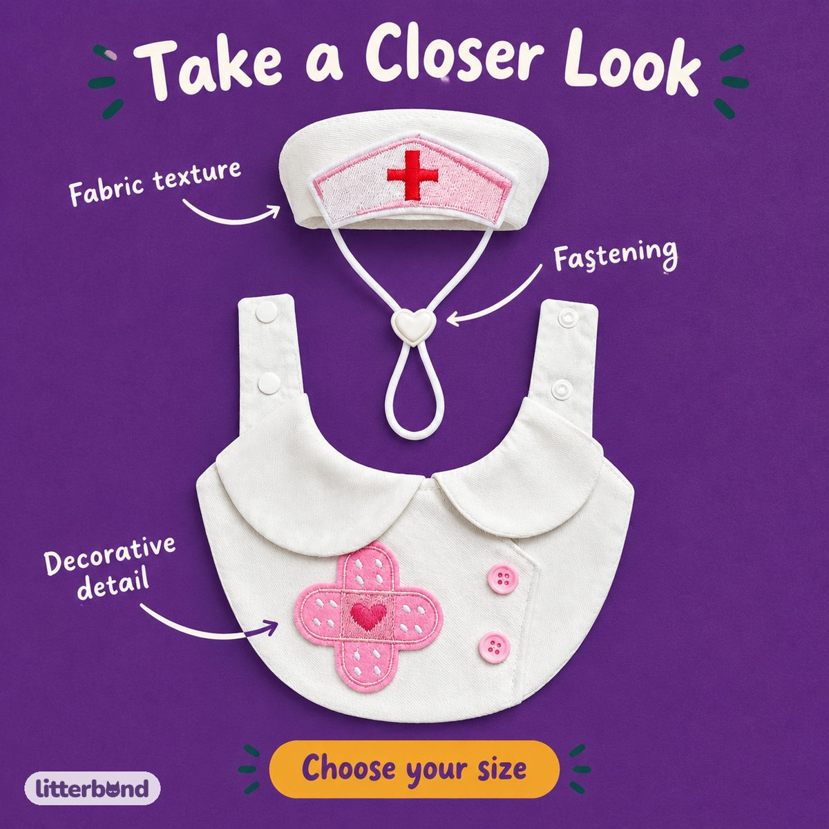 Nurse Costume Bib & Set Options - close-up details