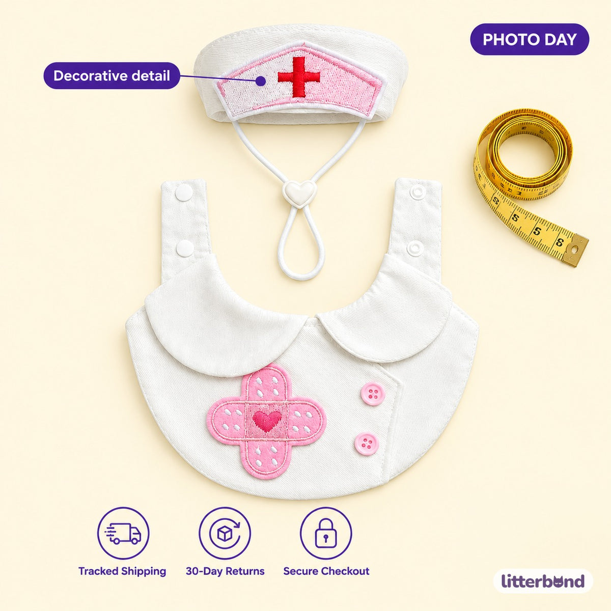 Nurse Costume Bib & Set Options - size and details