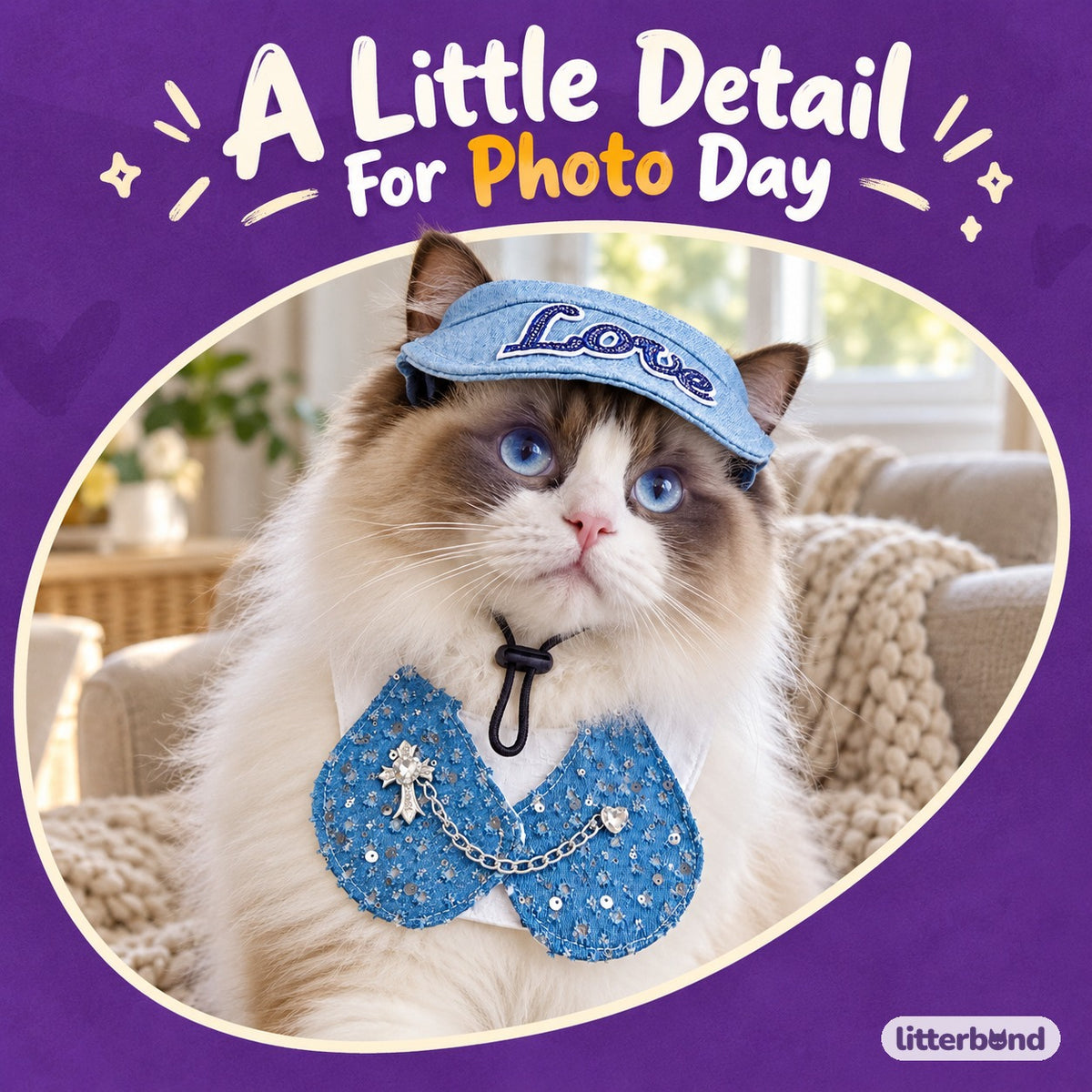Denim Visor & Bib Options on a cat