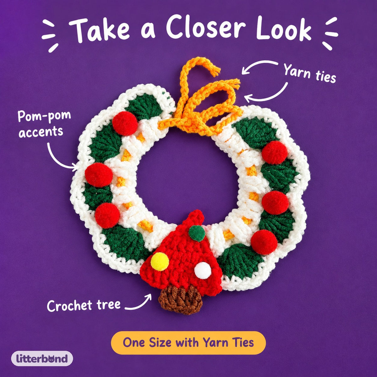 Christmas Pom-Pom Crochet Collar - close-up details