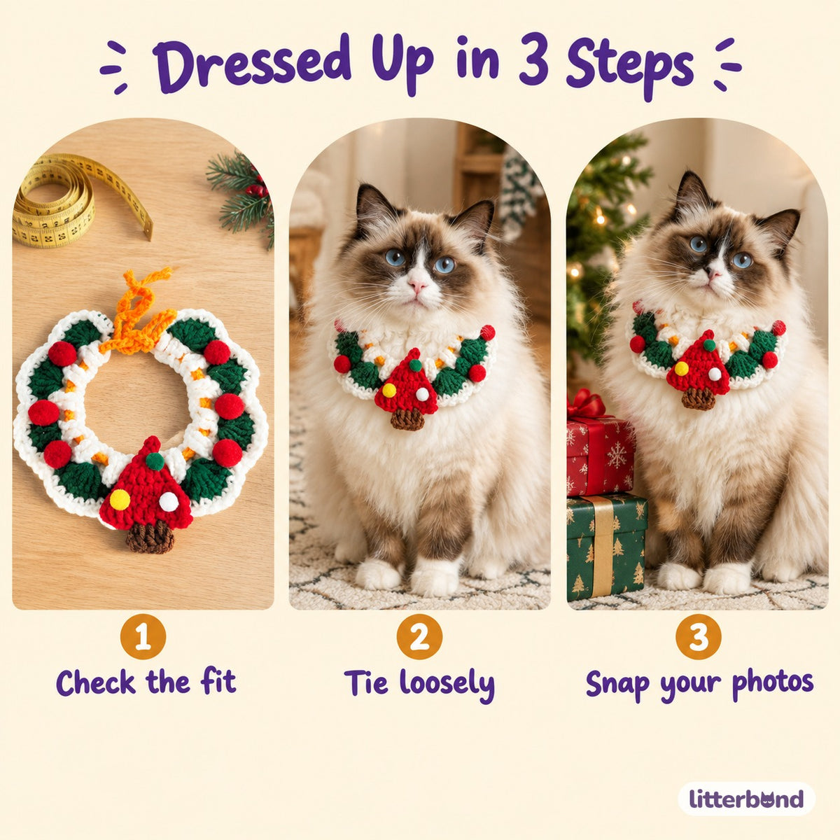 Christmas Pom-Pom Crochet Collar - how to put it on