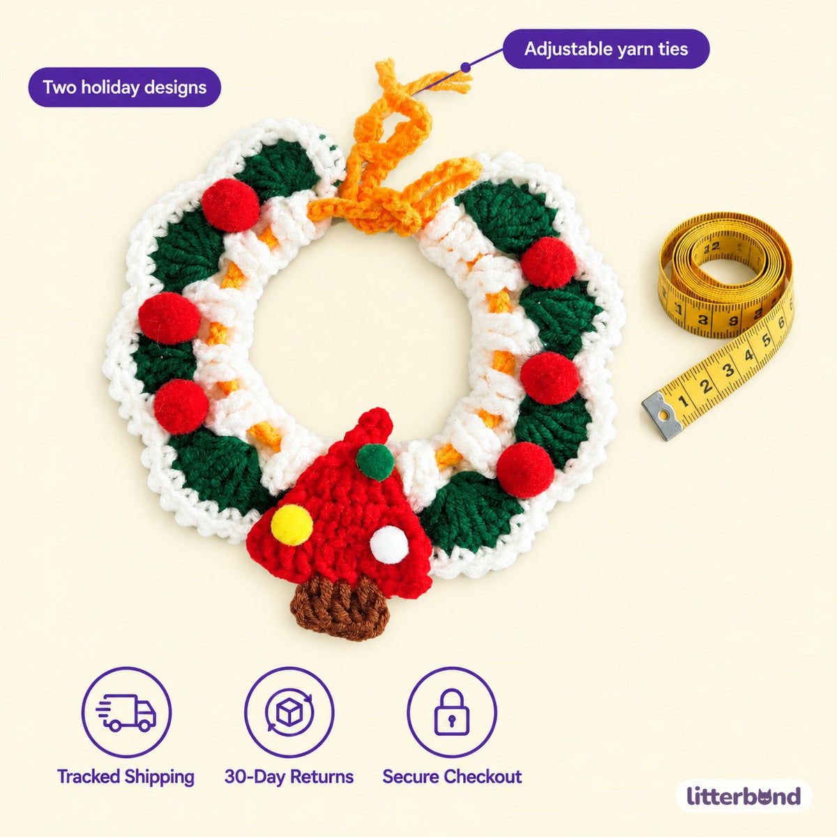 Christmas Pom-Pom Crochet Collar - size and details
