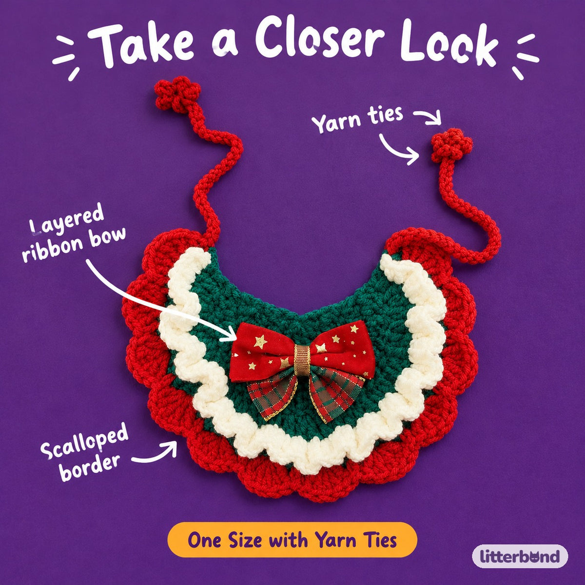 Christmas Bow Ruffle Bib - close-up details