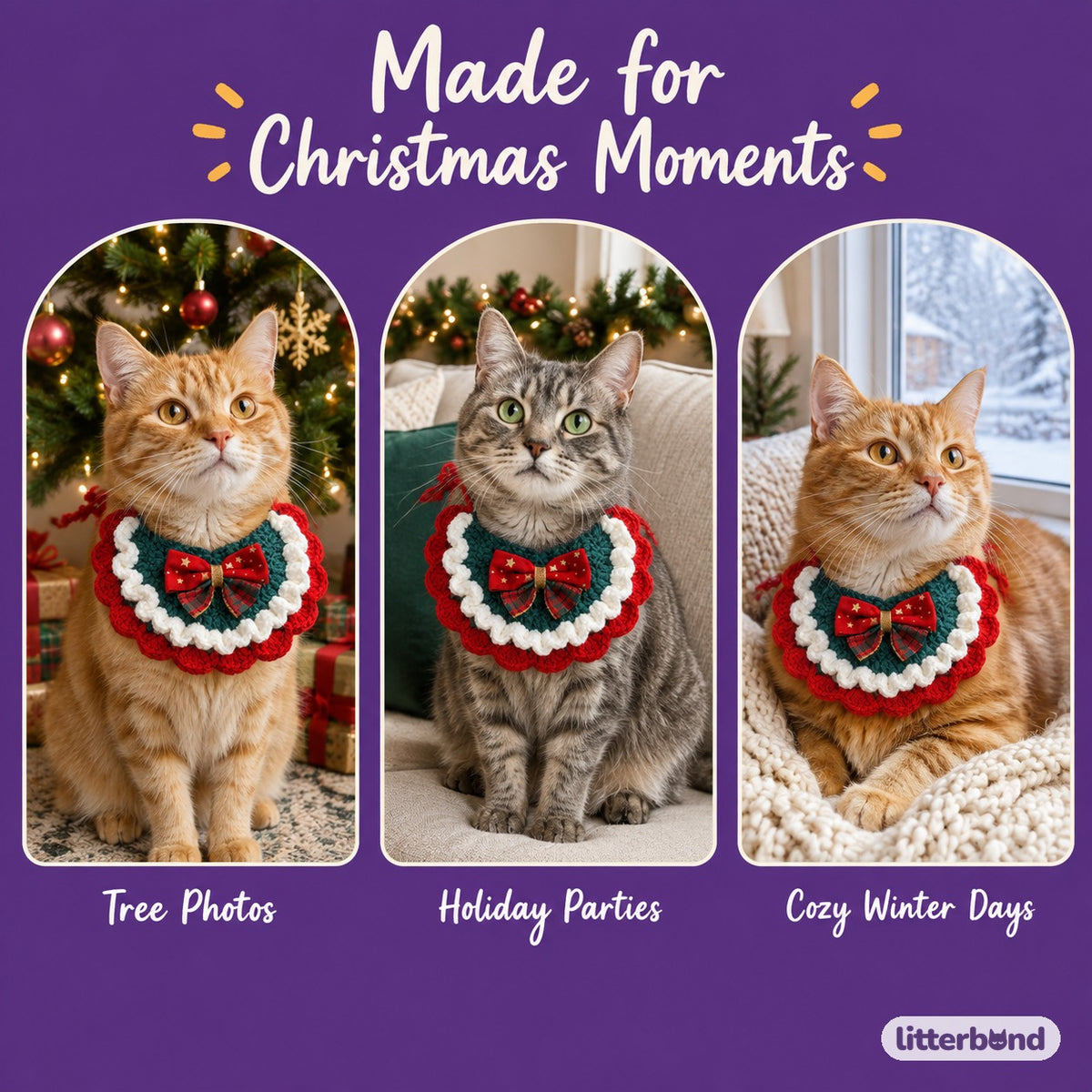 Christmas Bow Ruffle Bib on a cat at home