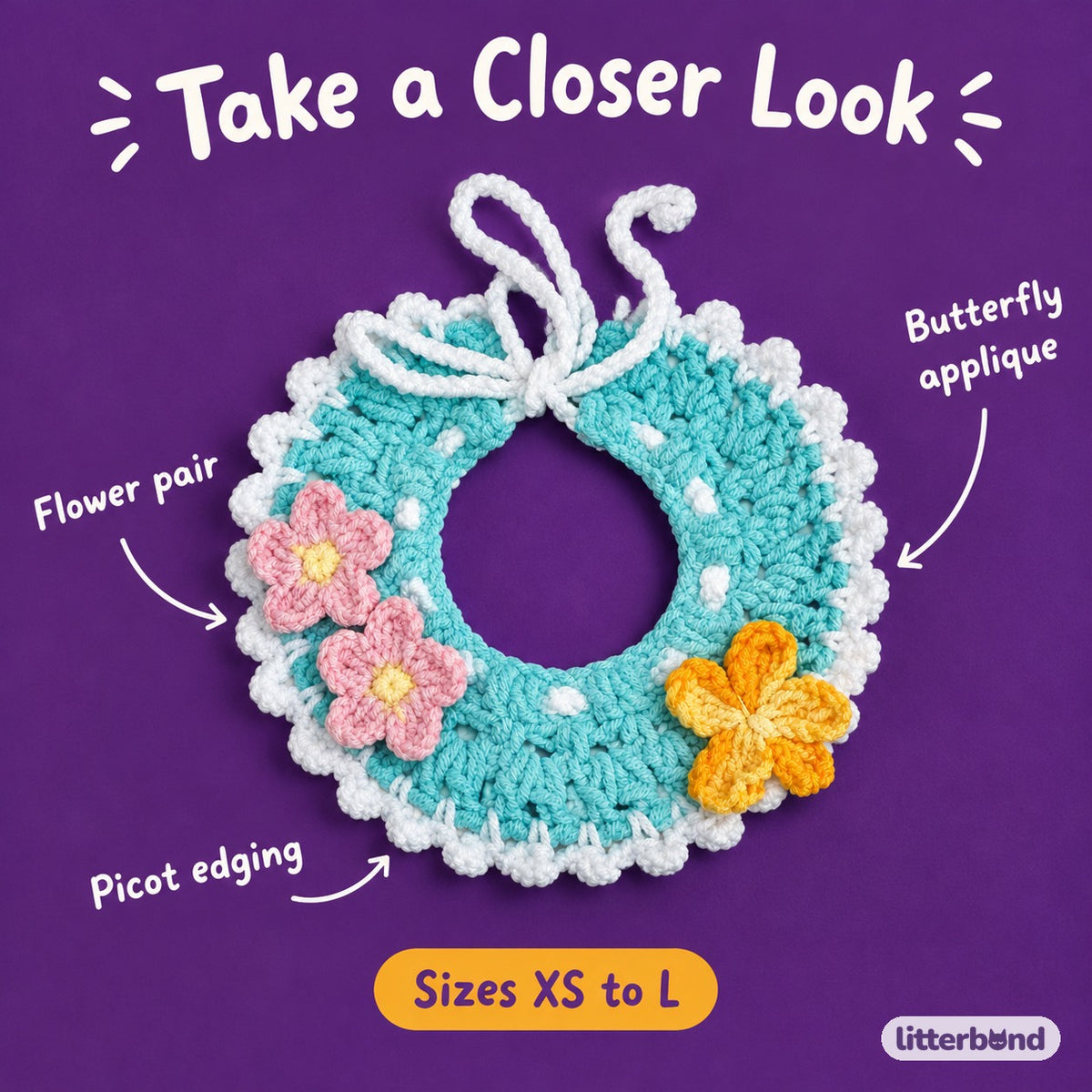 Flower & Butterfly Crochet Collar - close-up details