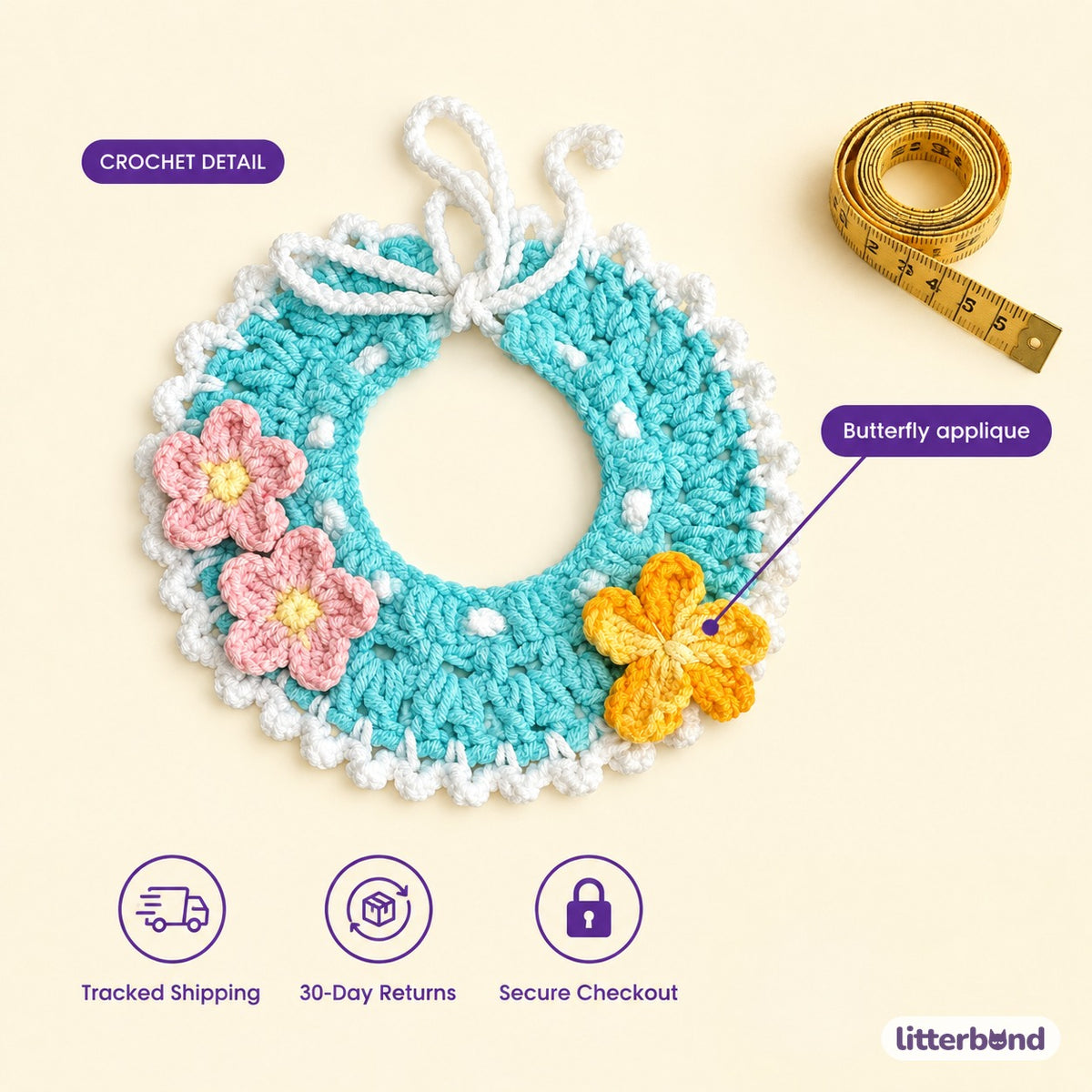 Flower & Butterfly Crochet Collar - size and details