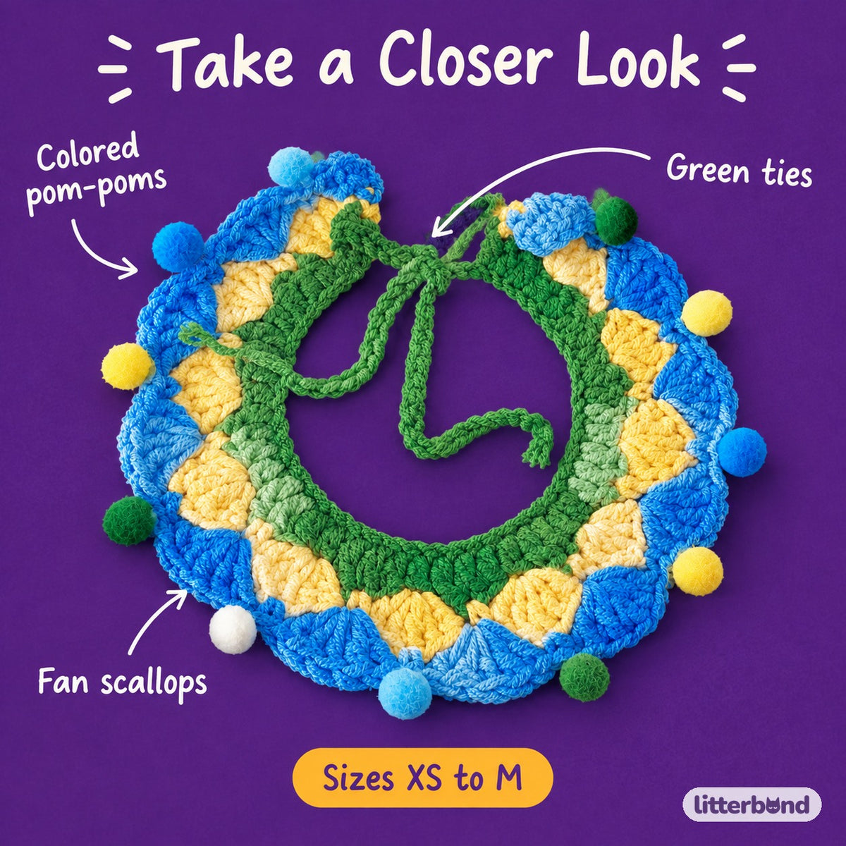 Rainbow Pom-Pom Crochet Collar - close-up details