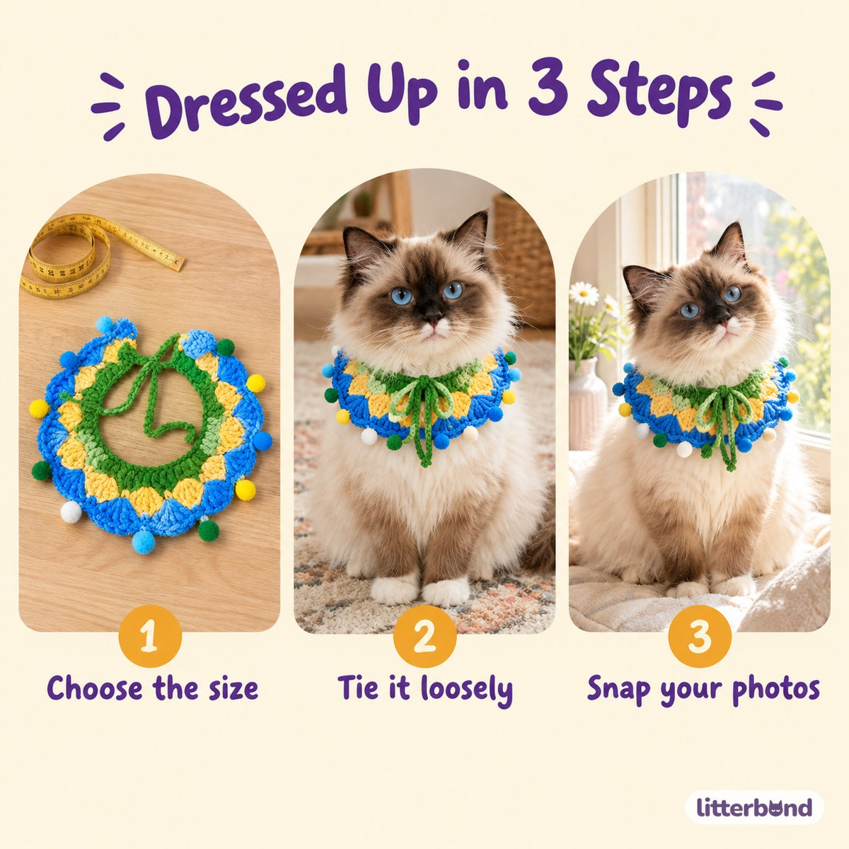 Rainbow Pom-Pom Crochet Collar - how to put it on
