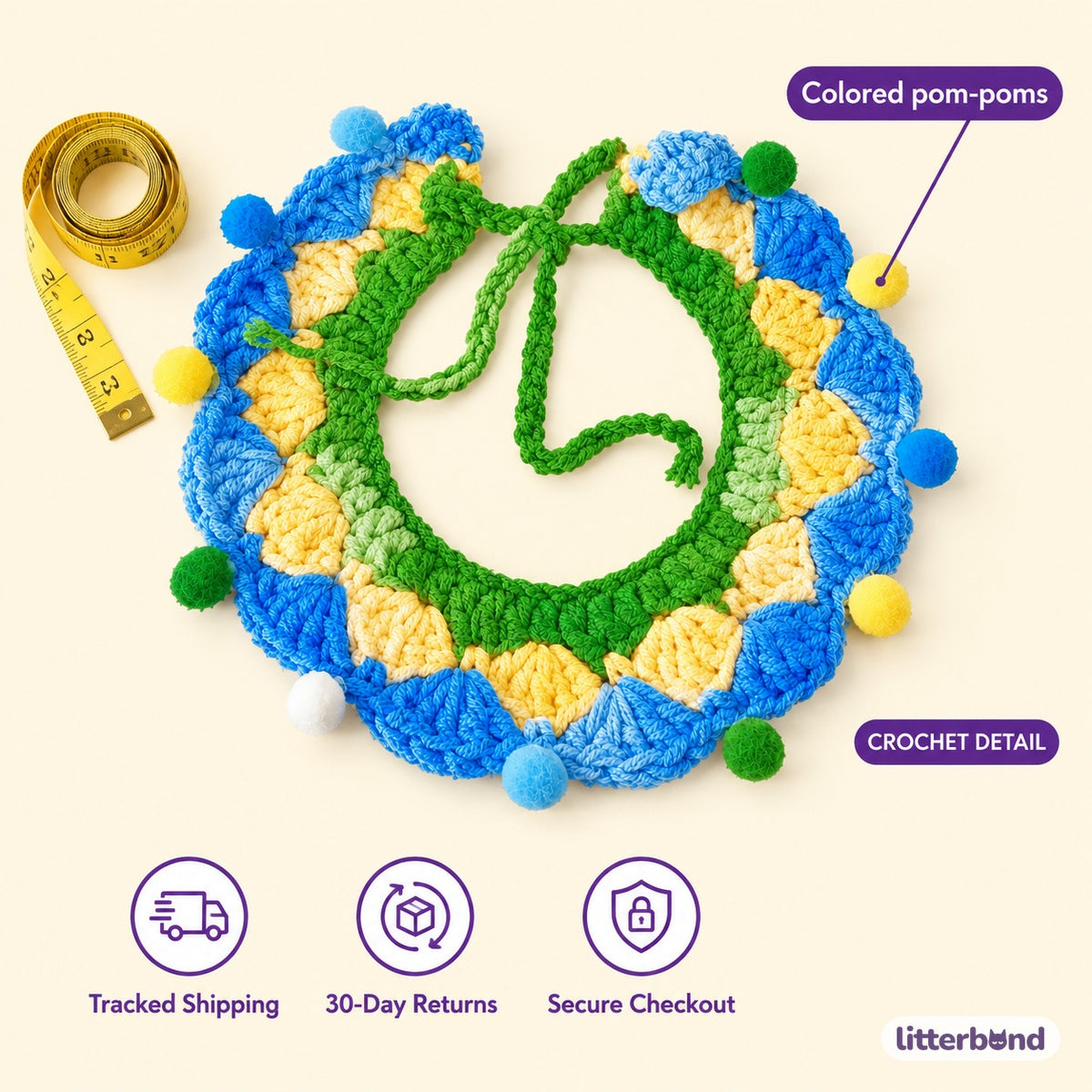 Rainbow Pom-Pom Crochet Collar - size and details